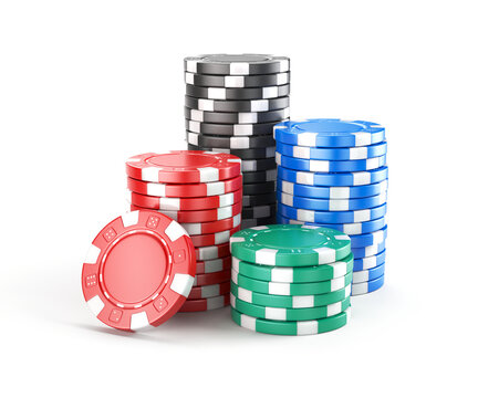 Stacks of poker casino chips isolated on white. Gamble, gaming, casino, poker concept