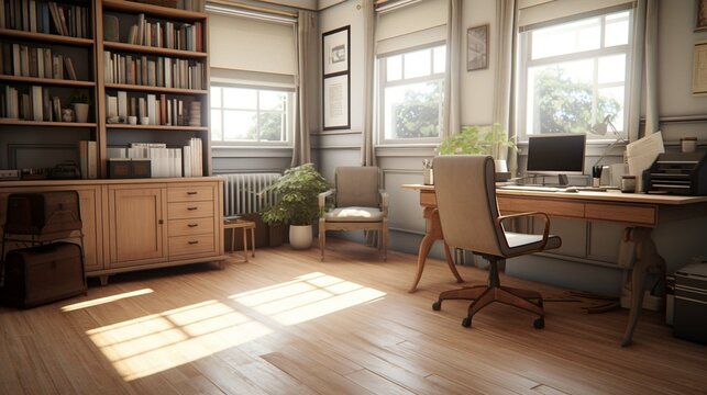 A small but functional office room with a desk, chair, filing cabinet, and bookshelf. The room has large windows that let in natural light