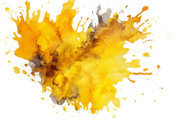Abstract yellow color painting watercolor splashes , isolated on transparent background.