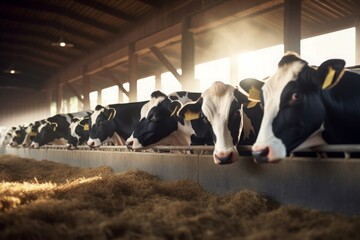 Healthy dairy cows at farm. Breed animal herd farming cattle. Generate Ai - obrazy, fototapety, plakaty