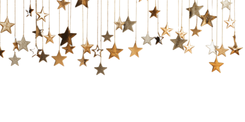 Hanging gold stars on string on transparent background.