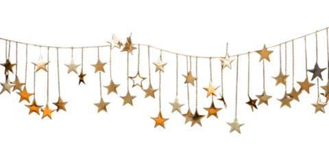 Hanging gold stars on string on transparent background.