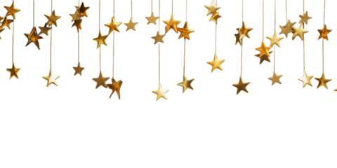 Hanging gold stars on string on transparent background.