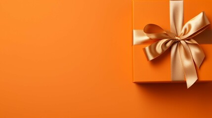 Top view photo of orange giftbox with gold satin ribbon bow on isolated orange background with empty space