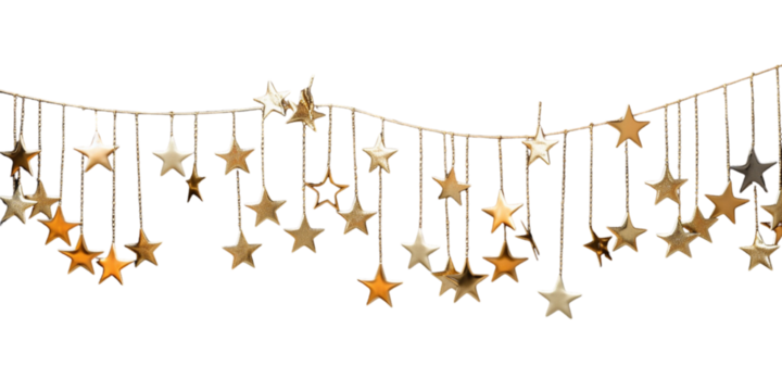 Hanging gold stars on string on transparent background.