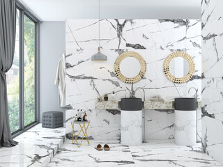 A opulent bathroom features glossy white marble, a tile-textured sink, a circular, elegant mirror above it, a hanging bathrobe next to a window, and a little table with toiletries. 3D Rendering