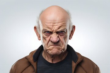 Fototapeta premium Angry senior Caucasian man, head and shoulders portrait on white background. Neural network generated photorealistic image. Not based on any actual person or scene.
