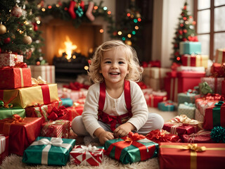 Fototapeta na wymiar A happy girl with Christmas gifts