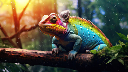 Fototapeta premium A peaceful moment of a chameleon basking under a radiant, fantastical rainbow Ai Generative