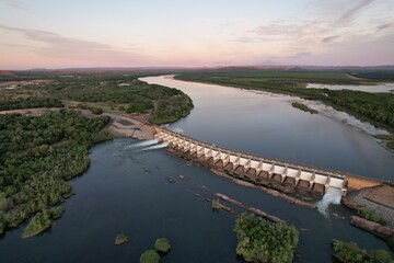 Aerial drone photo of Kununurra irrigation channel causeway - obrazy, fototapety, plakaty