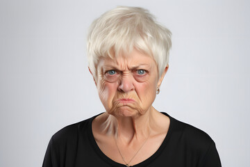 scowl senior Caucasian woman, head and shoulders portrait on white background. Neural network generated image. Not based on any actual person or scene.