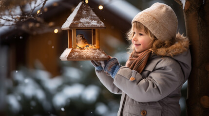 little girl in winter clothes hangs a bird feeder on a tree on a snowy day, Christmas, New Year, child, kid, childhood, postcard, animal care, emotional portrait, hat, light, smile, toddler, wood - obrazy, fototapety, plakaty