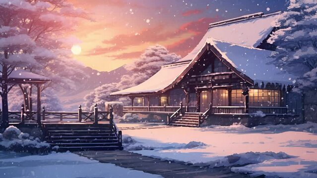 Background music, Beautiful lofi anime background home in winter. looping video animation. Relaxing lo-fi hip hop mood Animated.