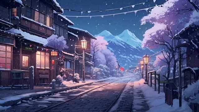 Background music, Beautiful lofi anime background home in winter. looping video animation. Relaxing lo-fi hip hop mood Animated.