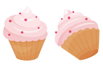 Cupcake icon with pink frosting in two angles on the white background for your design. Vector illustration of sweet muffin.