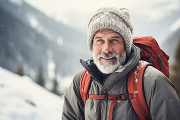 Fototapeta na wymiar Portrait of an elderly man hiking in mountains with red backpack at winter