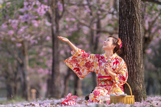 Japanese woman in traditional kimono dress holding the sweet hanami dango dessert while sitting in the park at cherry blossom tree during spring sakura festival