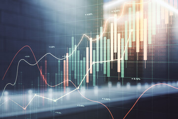 Abstract virtual financial graph hologram on blurry contemporary office building background, financial and trading concept. Multiexposure