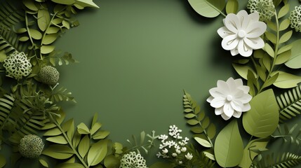 Elegant green leaf design with a floral border on a subtle background