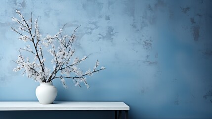 Delicate cherry blossoms in a white vase set against a textured blue wall, evoking serenity and springtime
