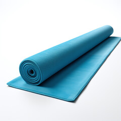 Blue yoga mat on a plain white background