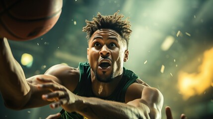 Close-up of a basketball player in mid-action, with a focused expression under dramatic lighting