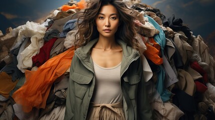 Portrait of a young woman standing before a large pile of assorted textiles