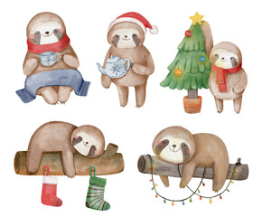 Sloth bear . Christmas theme . Watercolor paint cartoon characters . Isolated . Set 2 of 4 . illustration . © stockdevil