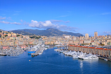 Fototapeta na wymiar Genoa cityscape in Italy: view of Old Port.