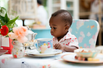 Curious toddler boy at a table with tea set, flowers, and treats during a pretend play tea time - obrazy, fototapety, plakaty