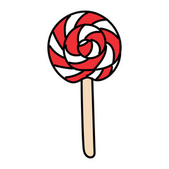 Round red and white lollipop on a stick. Sweets for Christmas and New Year.