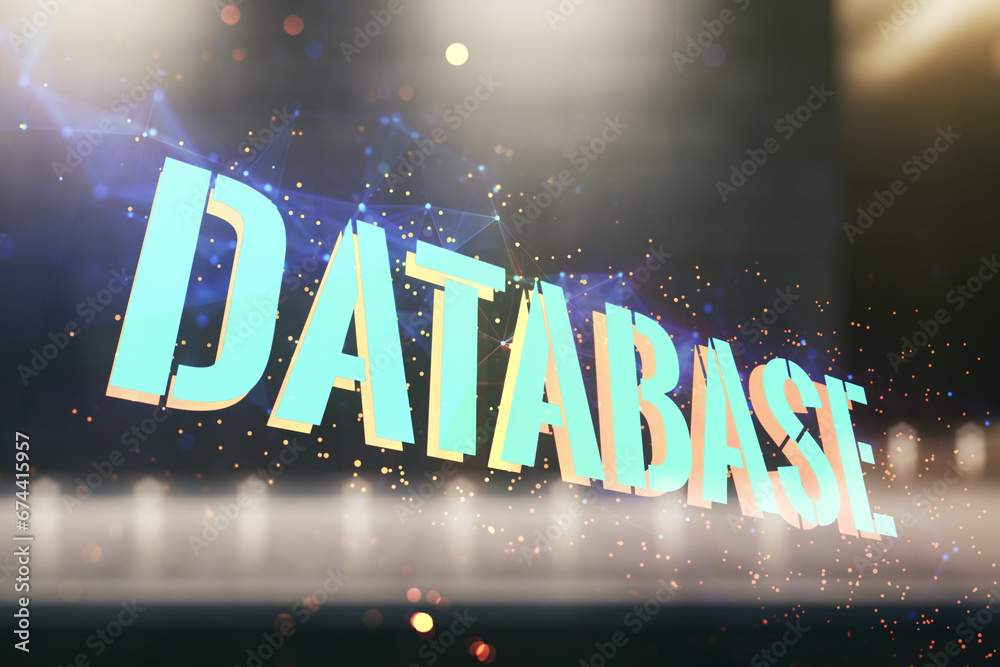 Aufkleber double exposure of database word sign on blurry modern office building background, global research a