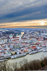 Sunset on a winter evening over Passau, Bavaria, Germany.