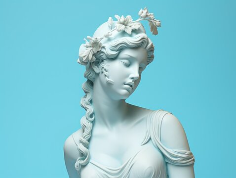 Greek Ancient Sculpture of a Woman with blue pastel background. Antique female goddess. Girl statue with long hair and flower diadem on her head in profile. Minimalistic modern trendy y2k style.