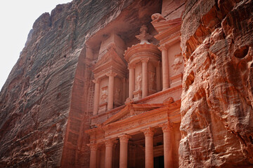 Side view of View of Al-Khazneh (The Treasury), one of the most elaborate temples in Petra,. Horizontally.