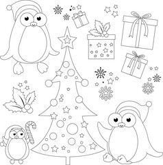 Christmas vector collection with penguins, Christmas tree and boxes of presents. Vector black and white coloring page.