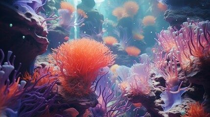 Naklejka na ściany i meble An abstract underwater world with vibrant coral formations, captured in full ultra HD with intricate details in