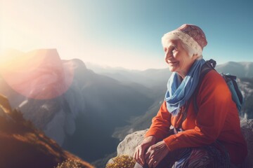 Old happy woman on top mountain. Landscape summer outdoor hiker adult. Generate Ai