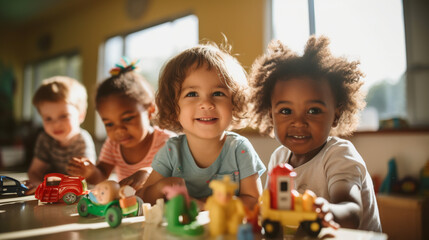 Multiethnic kids with toys in kindergarten. 