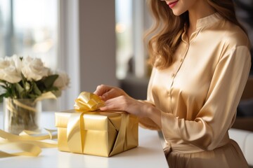 Anonymous woman packing a gift into a gift box. Female hands holding gift box. Hands packing Christmas, birthday present. - obrazy, fototapety, plakaty