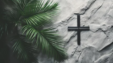 Foto op Plexiglas Beautiful Vintage crucifix cross with palm leaves on dark stone background . © alexkich