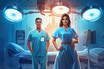 Two surgeons in operating room at hospital. Health care and medicine, Medical doctor ER team, surgeon and anesthetist on medical clinic room background, AI Generated