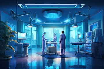 Surgeons in operating room with surgery equipment. 3D rendering, Medical doctor ER team, surgeon and anesthetist on medical clinic room background, AI Generated