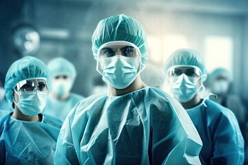 Team surgeon at work in operating room. Group of surgeons in operating theater, Medical doctor ER team, surgeon and anesthetist on medical clinic room background, AI Generated - obrazy, fototapety, plakaty
