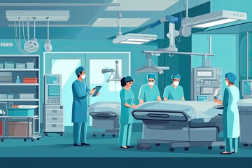 Surgeons team in operating room flat vector illustration. Cartoon surgeons team working in operation room, Medical doctor ER team, surgeon and anesthetist on medical clinic room, AI Generated