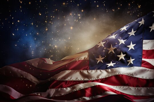 American flag with stars and space background. 3D rendering. High resolution, Memorial Day background with american flag and stars, AI Generated