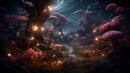 An otherworldly forest of bioluminescent trees and glowing flora, rendered in stunning 8K resolution.