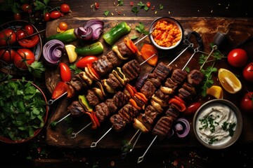 Grilled kebab with vegetables on skewers on wooden background, Middle eastern, arabic or...