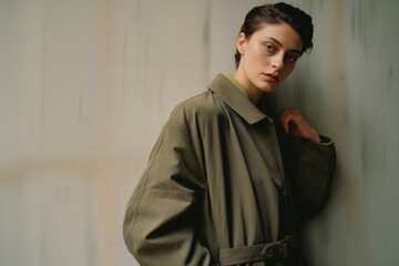 Beautiful Short Hair Model Wearing a Green Trench Coat. Isolated on a Plain Neutral Background. Generative AI.
