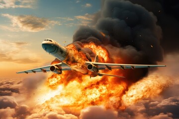 Airplane in a blast of smoke. 3D illustration. Conceptual image, Military jet on fire, AI Generated